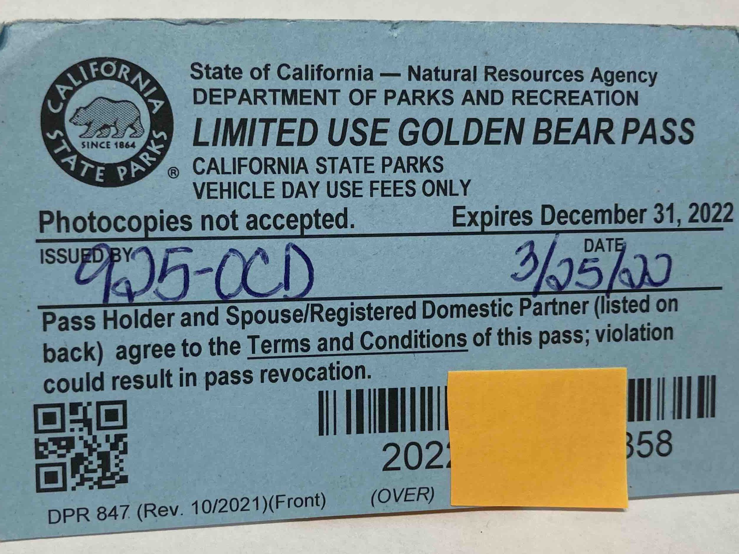 California Park Essential: Limited Use Golden Bear Pass (free parking); good all year except June, July, and August