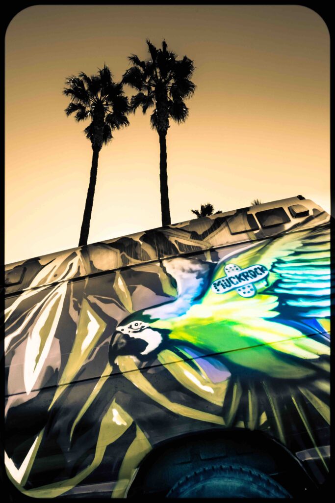 MuckRock mural on a van; graffiti artist from Venice California