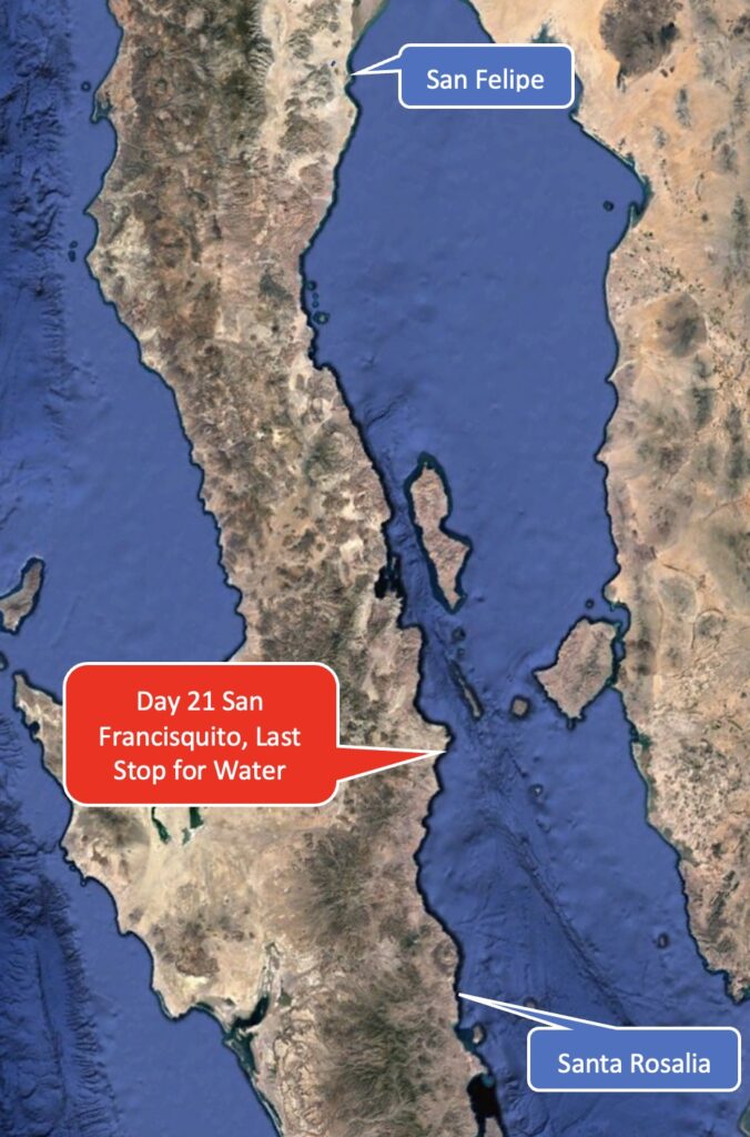Kayaking in Sea of Cortez: Day 21, San Francisquito, My Last Available Water Stop.I found that it was between 100 and 120 miles to Santa Rosalia, not the 80 miles that I thought.
