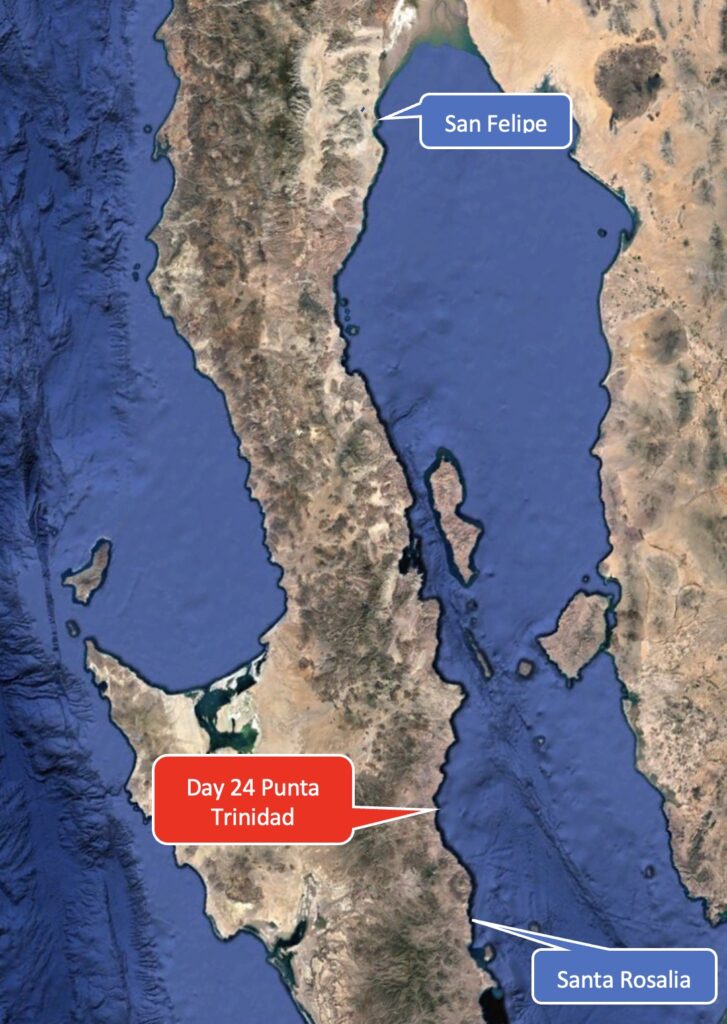 By cutting across the bay, straight toward Punta Trinidad, I could probably shorten my trip by a couple of milesI was exhausted. I was really upset with myself that I had violated my prime safety rule of not being caught offshore in a windy situation. 